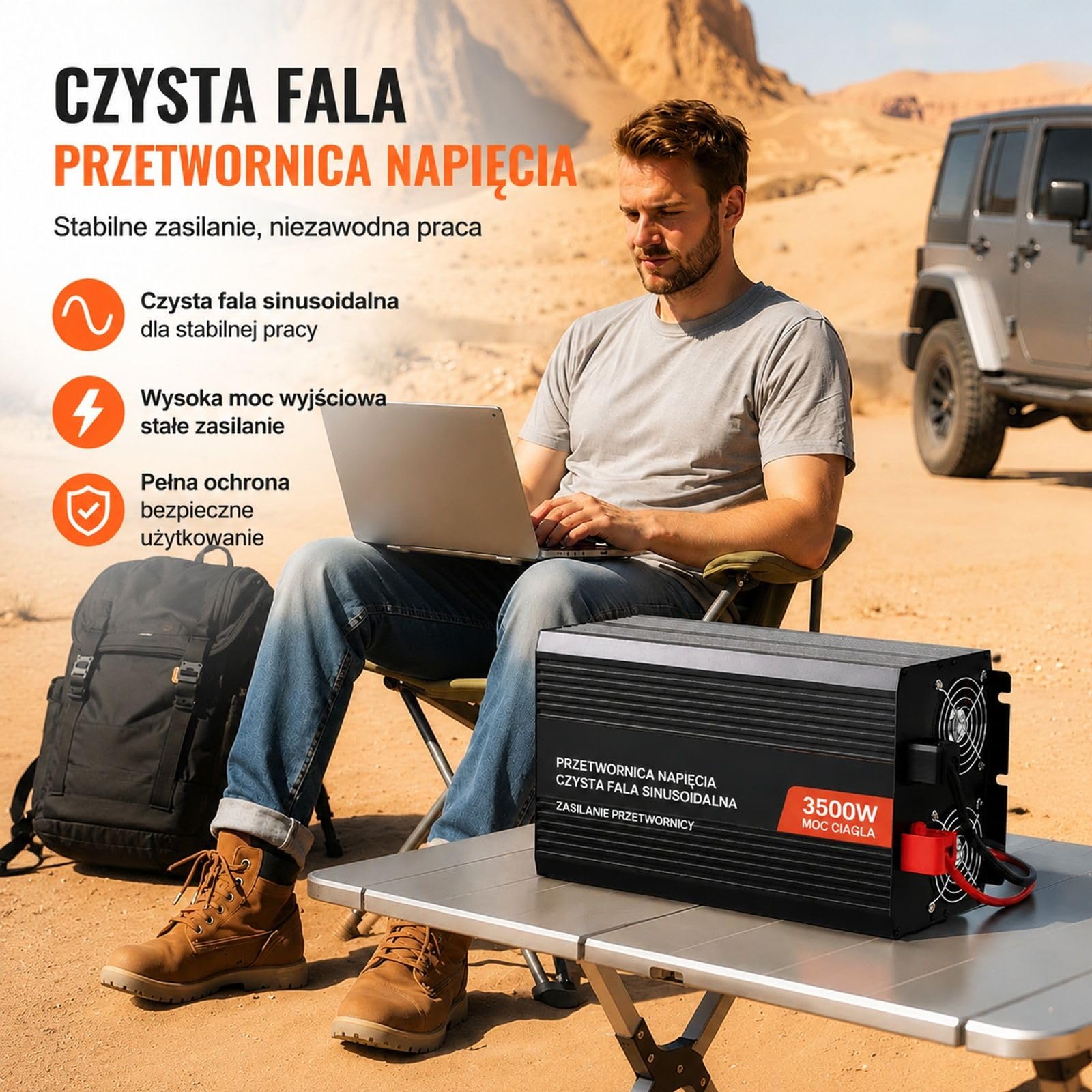 Falownik czystej fali sinusoidalnej 3500 W, 12 V DC do 230 V AC, ekran LCD, obudowa ze stopu aluminium, 2 gniazda do auta kampera domu