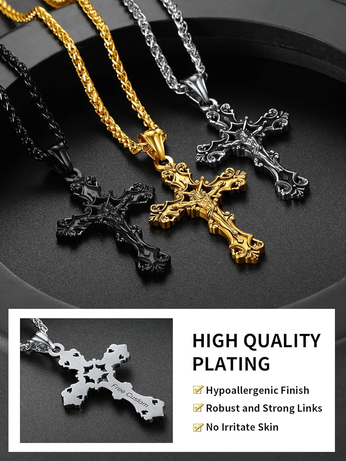 ChainsHouse Cross Necklace for Men, Black/18K Gold Plated/Stainless Steel Christian Jewelry Cross Pendant Necklace for Men, with Gift Box - Image 5
