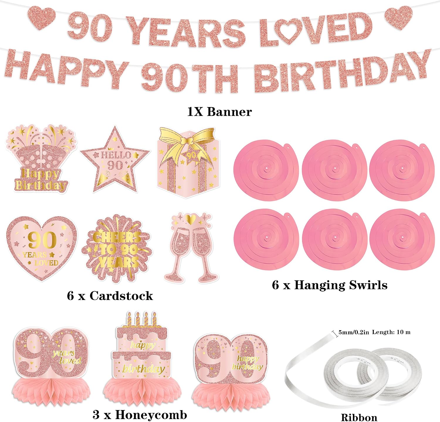 90th Birthday Party Decorations for Women - Rose Gold 90 Years Loved Happy 90th Birthday Party Supplies, Glitter 90 Years Old Decoration with Banner Hanging Swirls Honeycomb Centerpieces