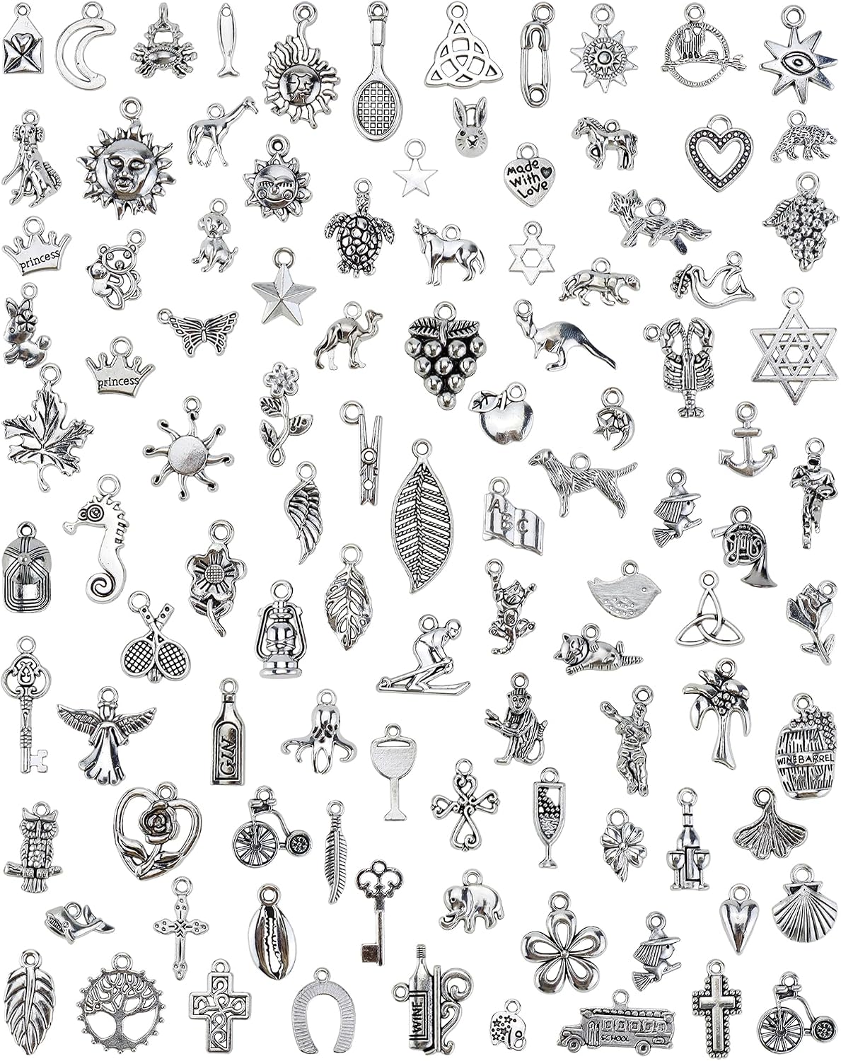 JIALEEY 100 PCS Wholesale Bulk Lots Jewelry Making Charms Mixed Smooth Tibetan Silver Metal Charms Pendants DIY for Necklace Bracelet Jewelry Making and Crafting