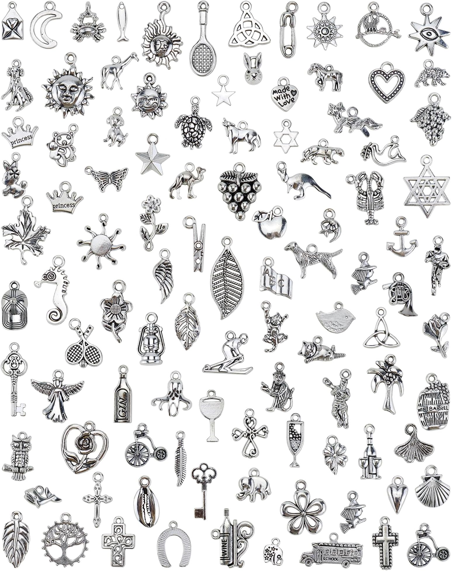 100 PCS Wholesale Bulk Lots Jewelry Making Charms Mixed Smooth Tibetan Silver Metal Charms Pendants DIY for Necklace Bracelet Jewelry Making and Crafting
