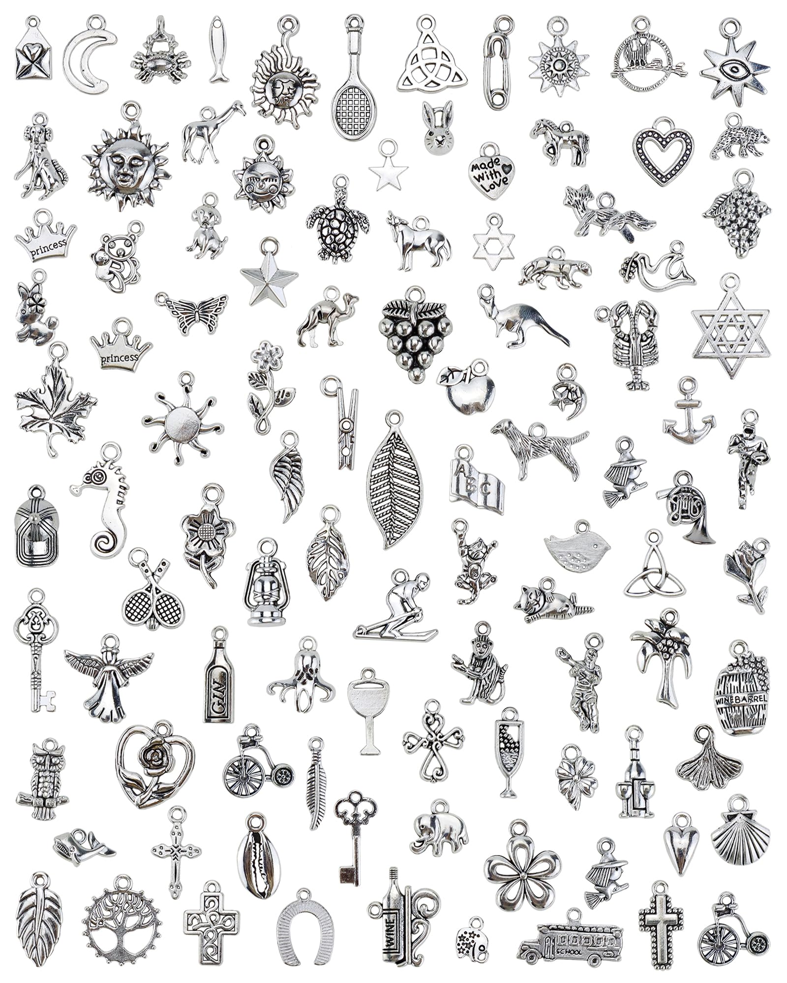 100 PCS Wholesale Bulk Lots Jewelry Making Charms Mixed Smooth Tibetan Silver Metal Charms Pendants DIY for Necklace Bracelet Jewelry Making and Crafting