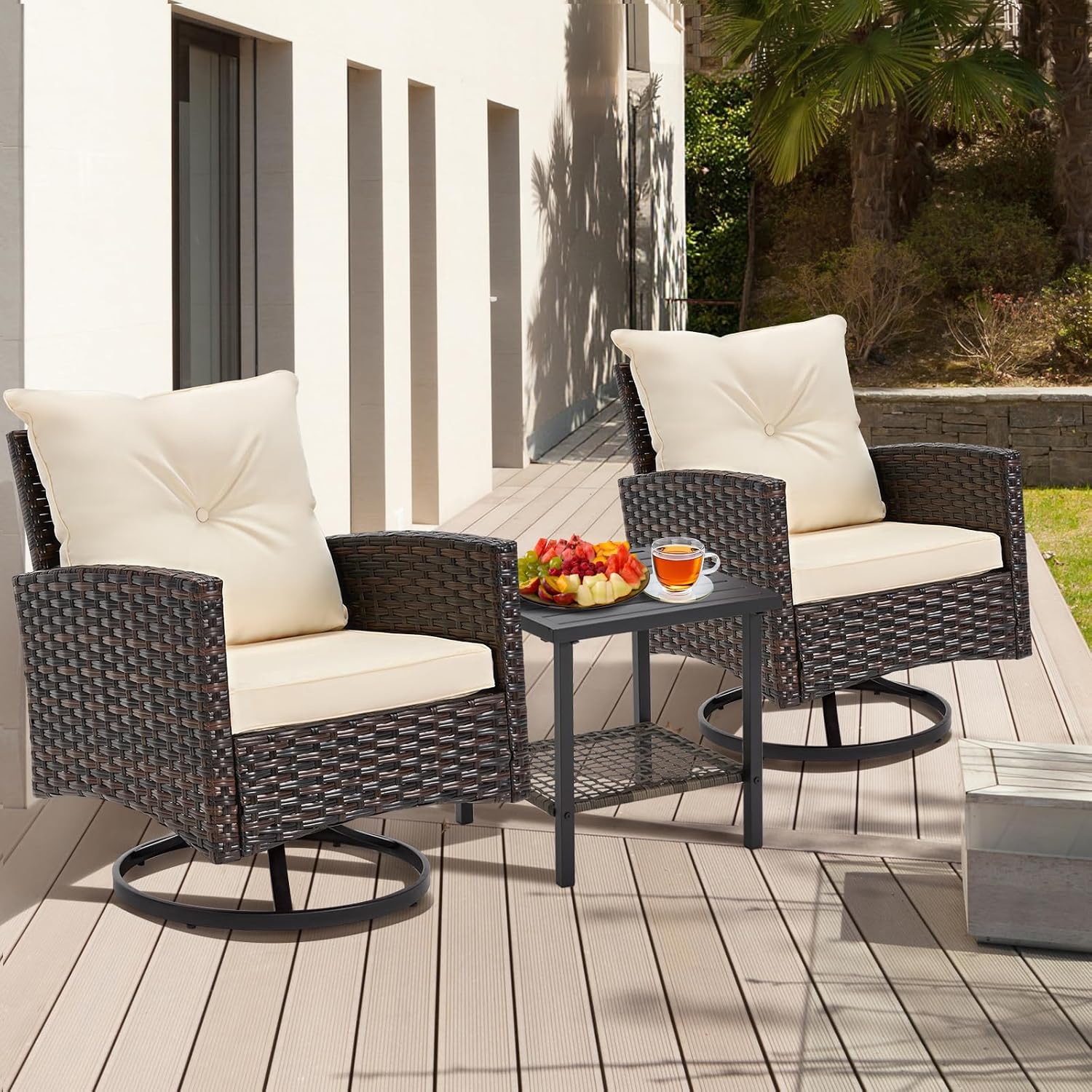 HOMREST 3-Piece Patio Swivel Rocker Set, 2 Outdoor Swivel Chairs & Side Table with Premium Cushions for Porch, Backyard, Balcony (Beige)