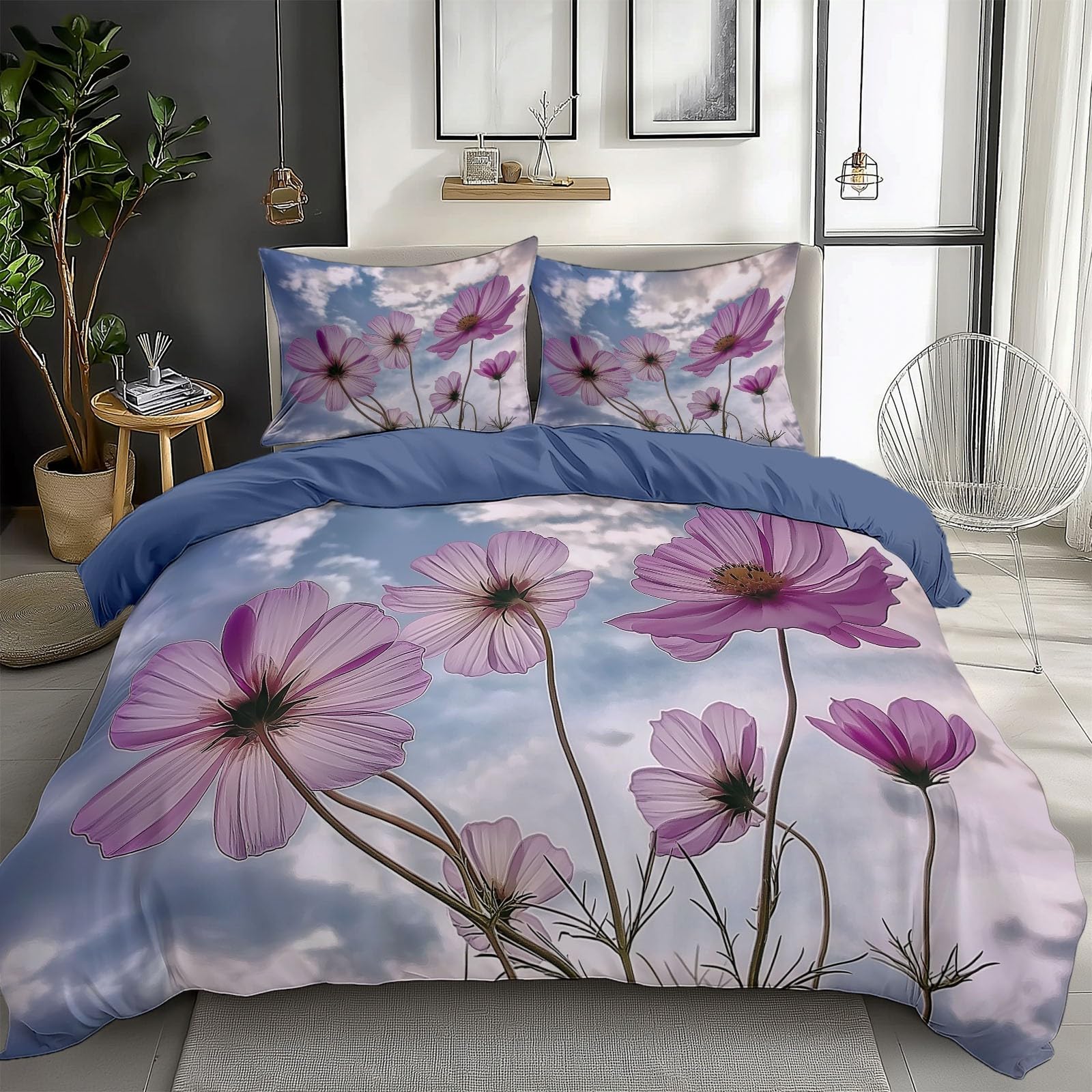 Komplet pościeli 155 x 220 cm, chryzantema, liliowa, 3-częściowy zestaw pościeli z zamkiem błyskawicznym, miękka mikrofibra, bawełniana poszewka na poduszkę z 2 poszewkami na poduszkę, całoroczna