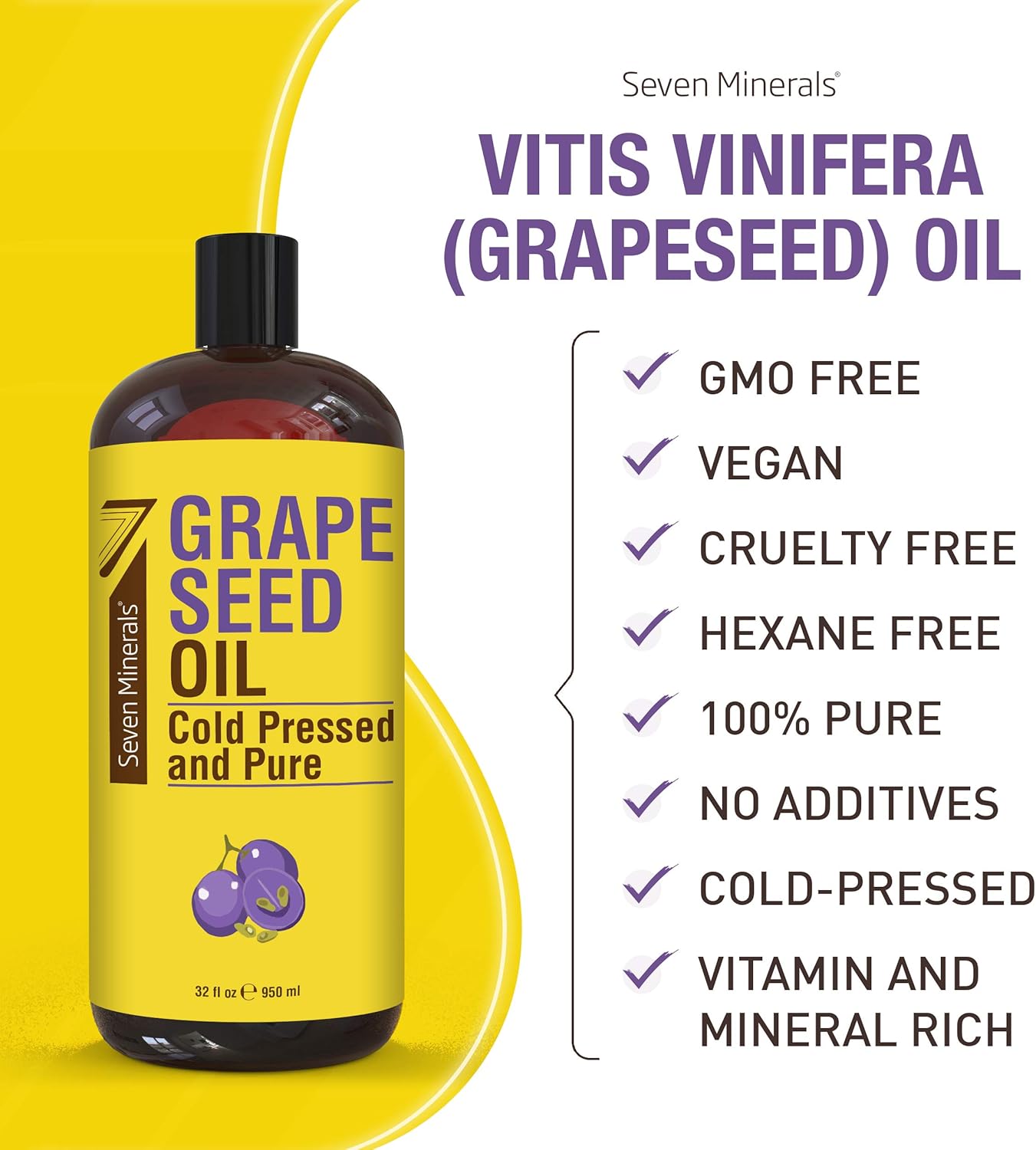 Seven Minerals Pure Cold Pressed Grapeseed Oil - Big 32 fl oz Bottle - Non-GMO, Hexane Free, Natural & Lightweight Grape Seed Oil for All Skin Types & Hair, Perfect for Massage Therapy & Aromatherapy