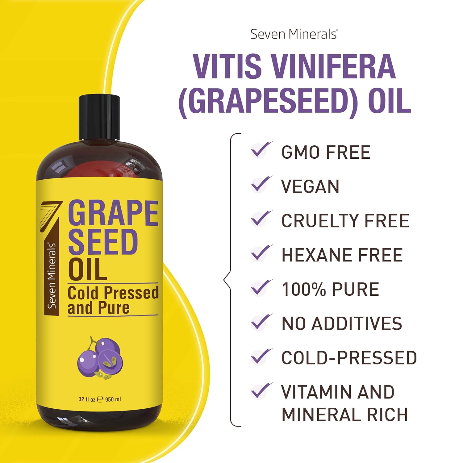 Pure Cold Pressed Grapeseed Oil - Big 32 fl oz Bottle - Non-GMO, Hexane Free, Natural & Lightweight Grape Seed Oil for All Skin Types and Hair - Perfect Carrier Oil for Massage Therapy & Aromatherapy : Health & Household