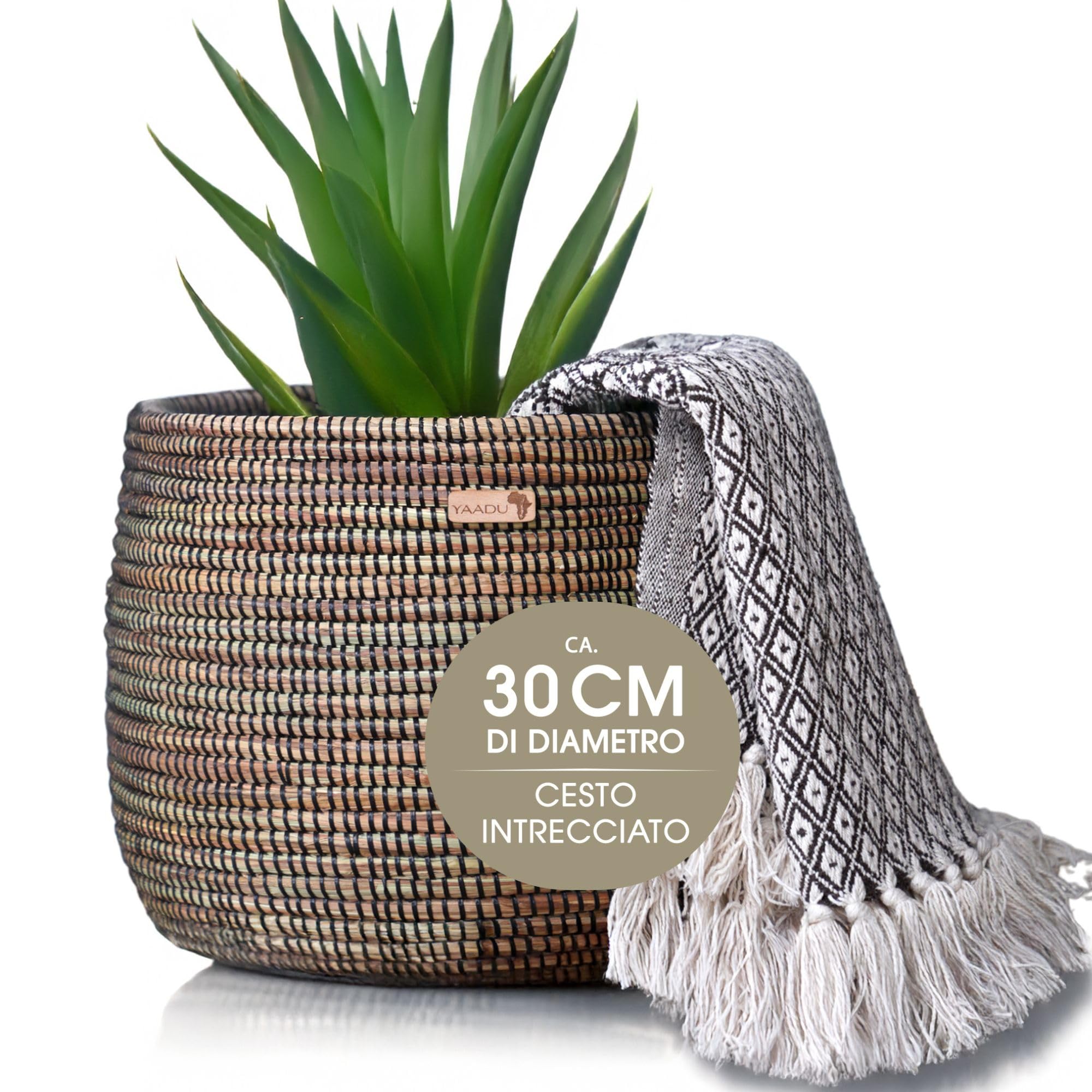 YAADU Cesto Portaoggetti Intrecciato - Per Piante, Ripiani, Africano, Decorativo, Giocattoli e Oggetti Diversi - Modello Kikongo (Nero)