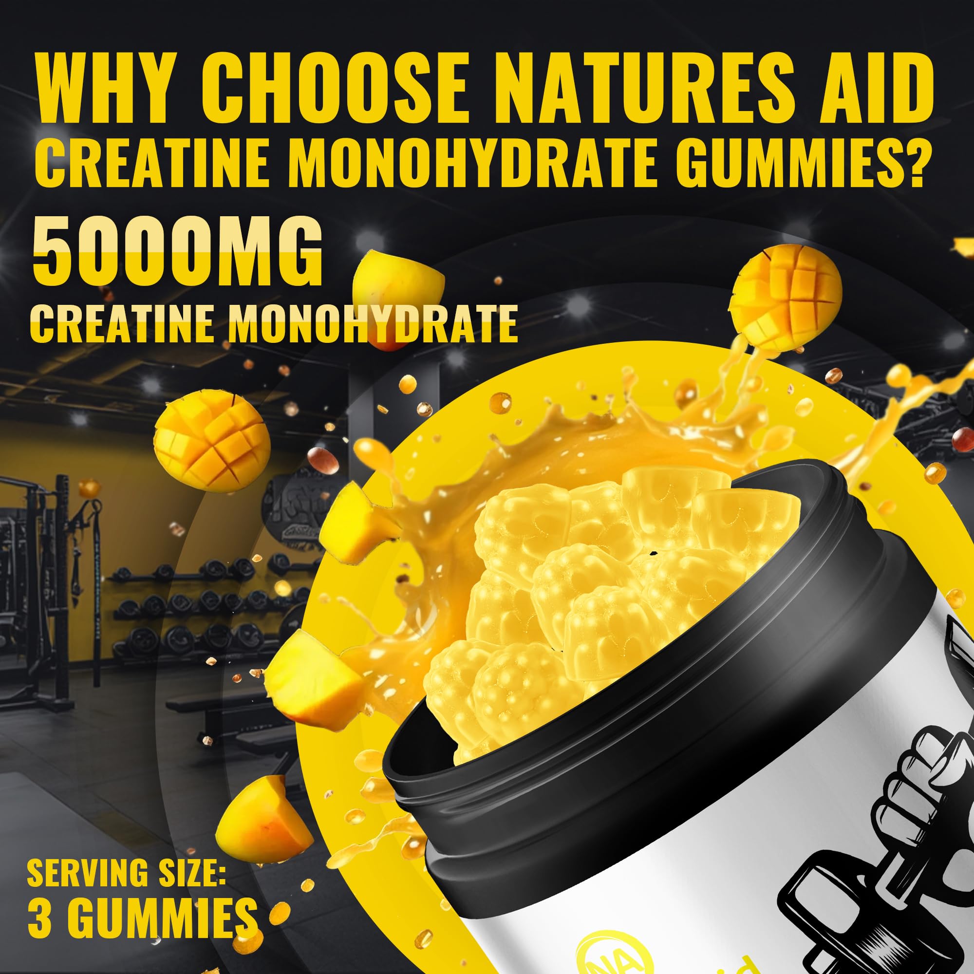 Natures Aid Creatine Monohydrate Gummies – Pre-Workout Energy & Muscle Growth Support for Men & Women | Mango Electrolyte Gummies (135 Count) — Amazon image 2