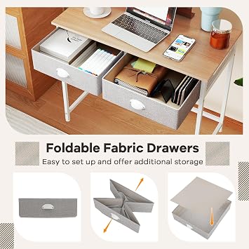 COSTWAY Computer Desk, Wooden PC Laptop Table Writing Workstation with 2 Drawers and 4 Hanging Hooks, Simple Home Office Working Gaming Study Desk, 90 x 45 x 75 cm (Natural + White)