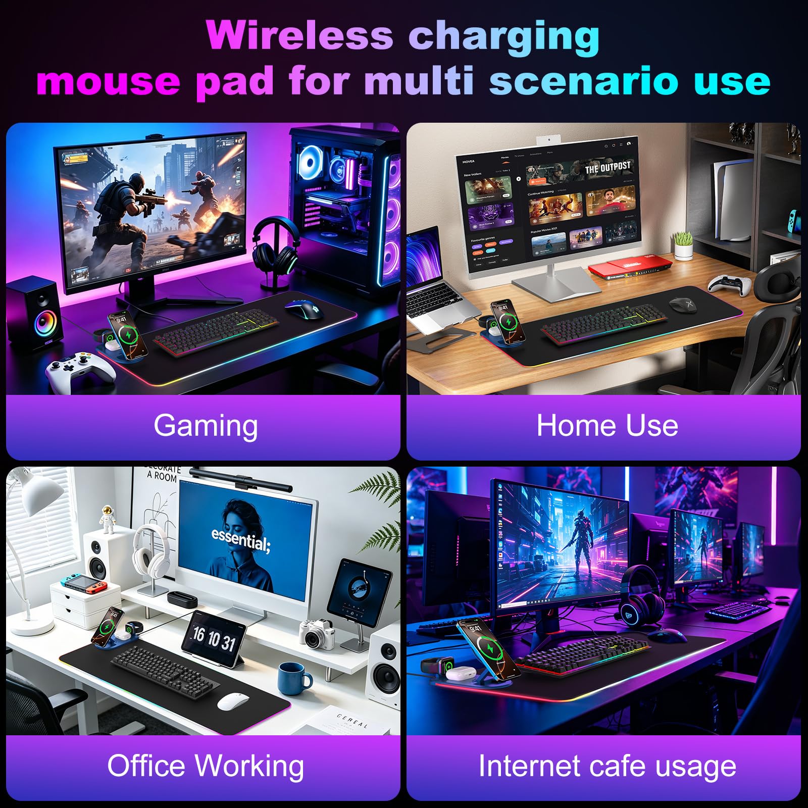besky Tappetino per mouse da gioco RGB con supporto pieghevole per telefono, stazione di ricarica magnetica 3 in 1, grande tappetino da scrivania, superficie impermeabile, base in gomma antiscivolo