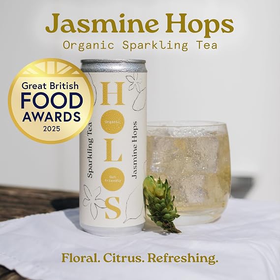 HOLOS Jasmine Hops Organic Sparkling Tea with Kombucha Culture - Sparkling Green Tea with Citra Hops - Gut Health Drink with Natural Ingredients and Added Fibre - Brewed in the UK - 12 x 250ml