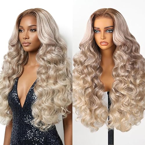 TESLAL Ash Blonde Wig Human Hair Blend Wear and Go Glueless Wigs Pre Plucked Pre Cut Lace 6X6 Body Wave Wig Ombre Blond Hair Synthetic Wig 30Inch 260% Density