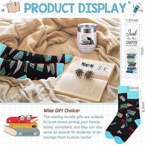 Miniatura 3 de Rtteri Juego de 6 piezas de regalo para amantes de los libros, bolsa de mano, calcetines, vaso de acero inoxidable con caja de regalo (clásico)