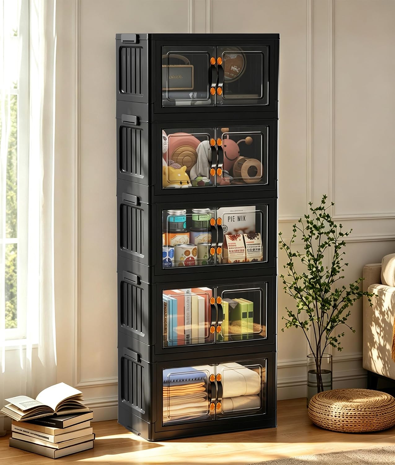 Hanyi 105 QT Stackable Storage Bins with Lids, 3 Tier Collapsible Plastic Storage Cabinet with Magnetic Doors, Removable Top Lid, Locking Wheels, Closet Organizer for Bedroom, Pantry, Office