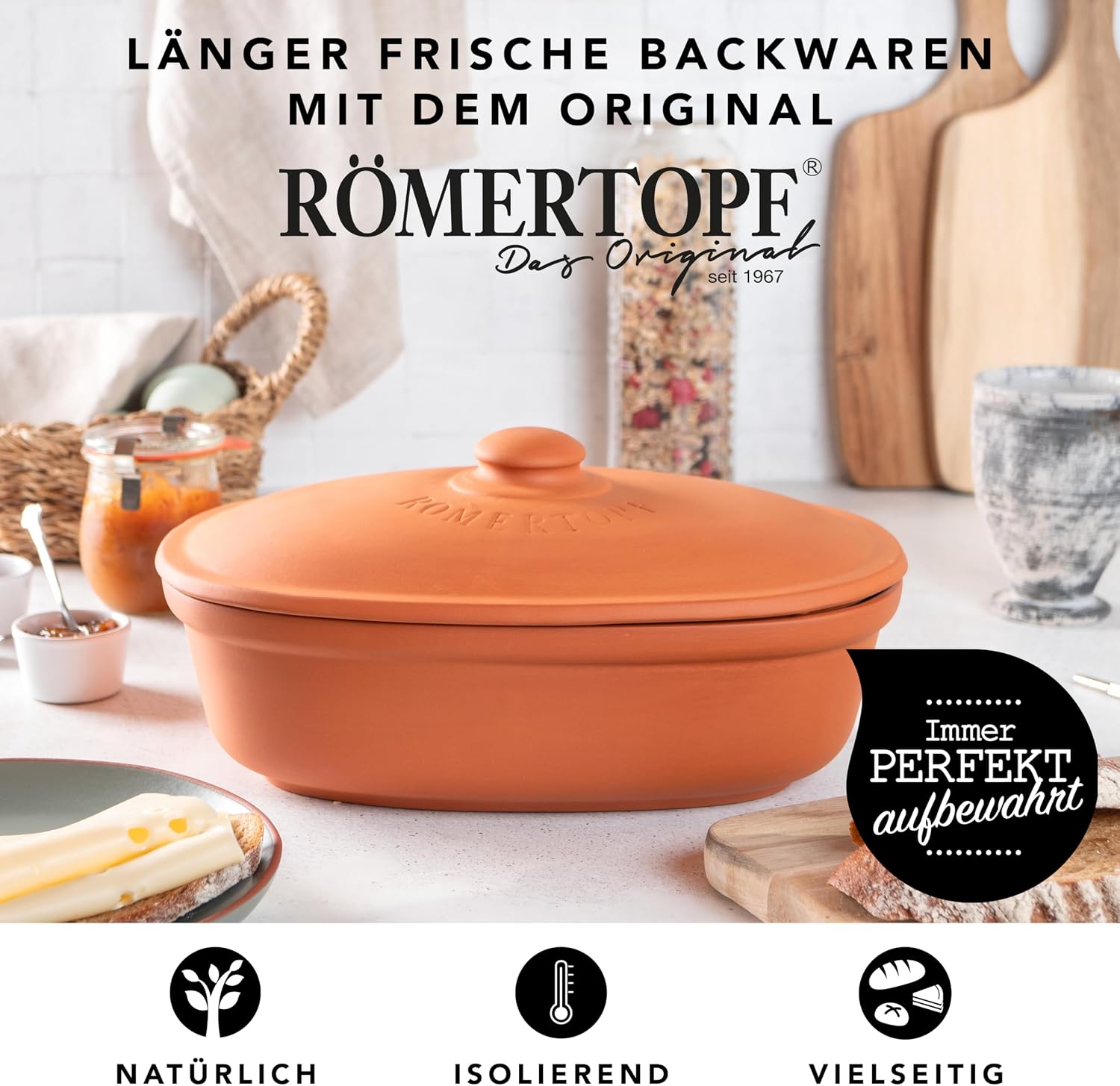 Römertopf Oval Ceramic Bread Freshness Pot | Natural Ceramic - Ideal For Storing Bread And Pastries - 11.8"x8.2" - Terracotta