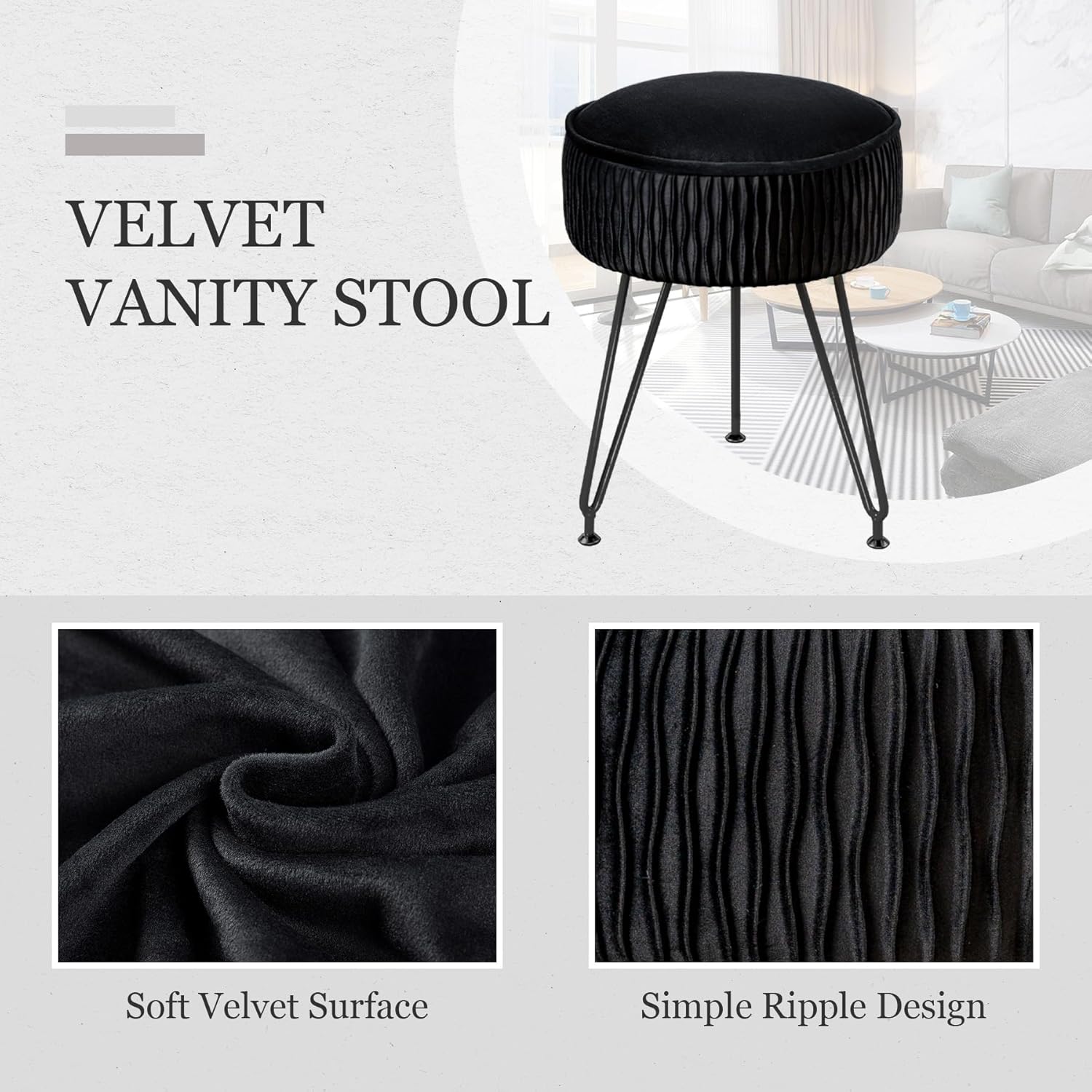 Velvet Vanity Stool Footrests, Round Ottoman Vanity Chairs with Anti-Slip Feet, Dressing Table Seat Foot Stool with Black Legs, Furry Padded Seat Side Table for Makeup Bedroom, Black