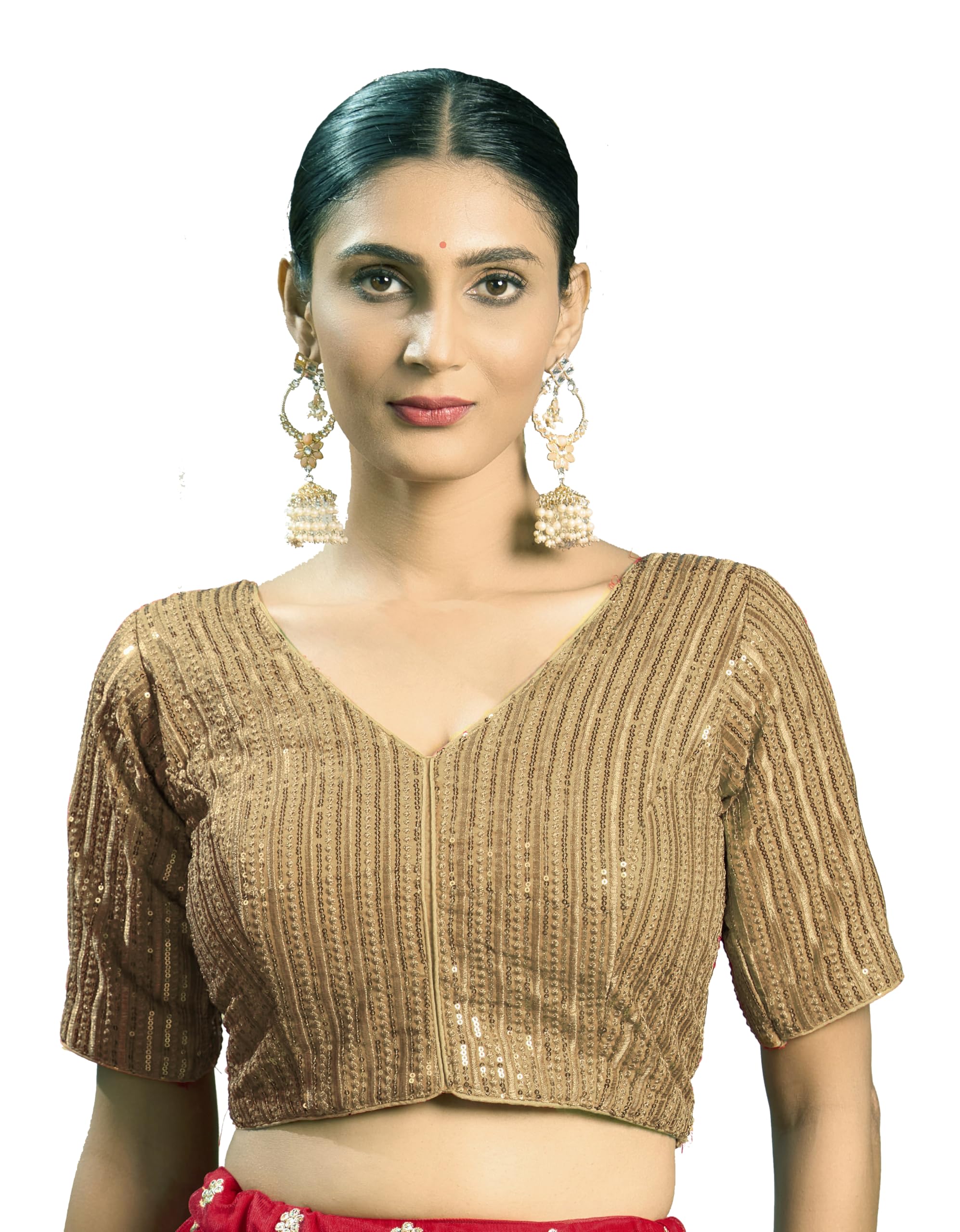 Vihu Fashion Women's Indian Ethnic Wear Designer Silver Sequence With Matching Embroidered Work V Neck Half Sleeve Readymade Padded Saree Blouse Readymade Unique Gold Color Saree Blouse
