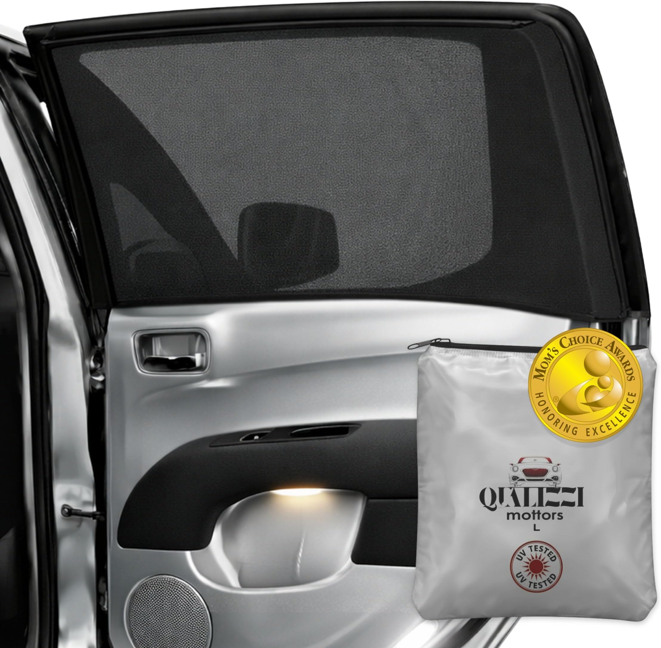 L/Car Window Shades for Baby (2 Pack) for Side Windows, Breathable Full-Coverage Mesh, Privacy, Sun & Heat Protection, Bug Screen, Car Camping, 97% UV Real Protection Tested – Qualizzi®