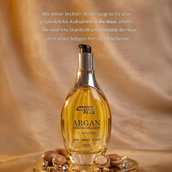 Softto+Plus argan yağı – Saç yağı, yüz yağı ve vücut yağı, E vitaminli yaşlanma karşıtı bakım, elektriklenmeyi önler, yoğun nem, durulama gerektirmez, tüm cilt ve saç tipleri için | 120 ml