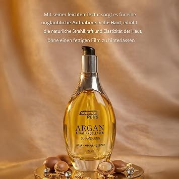 Softto+Plus argan yağı – Saç yağı, yüz yağı ve vücut yağı, E vitaminli yaşlanma karşıtı bakım, elektriklenmeyi önler, yoğun nem, durulama gerektirmez, tüm cilt ve saç tipleri için | 120 ml
