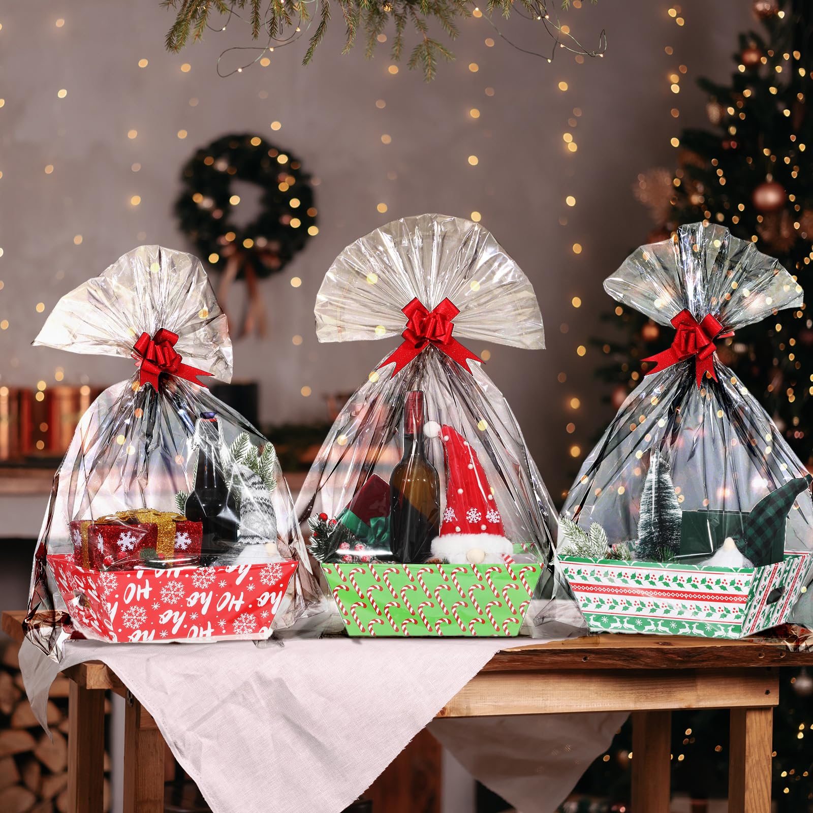 Cholemy Confezione da 12 cesti regalo natalizi vuoti da 30 x 25 x 10 cm, include 12 cesti regalo in cartone con manici, 12 sacchetti avvolgenti, 12 fiocchi da tirare per Natale, matrimoni, anniversari