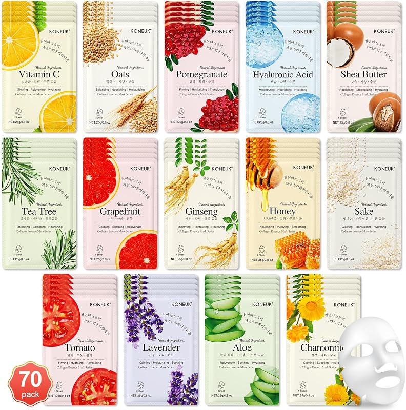 70 Pack Sheet Face Masks Skincare, Hydrating Facial Mask for Dry Oily Skin | Bulk Face Masks Gifts Set for Women Skin Care, Home Skincare Spa for Most Skin Types