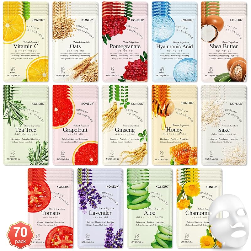 KONEUK Máscaras faciais em folha com 14 ingredientes, Pacote com 70 unidades