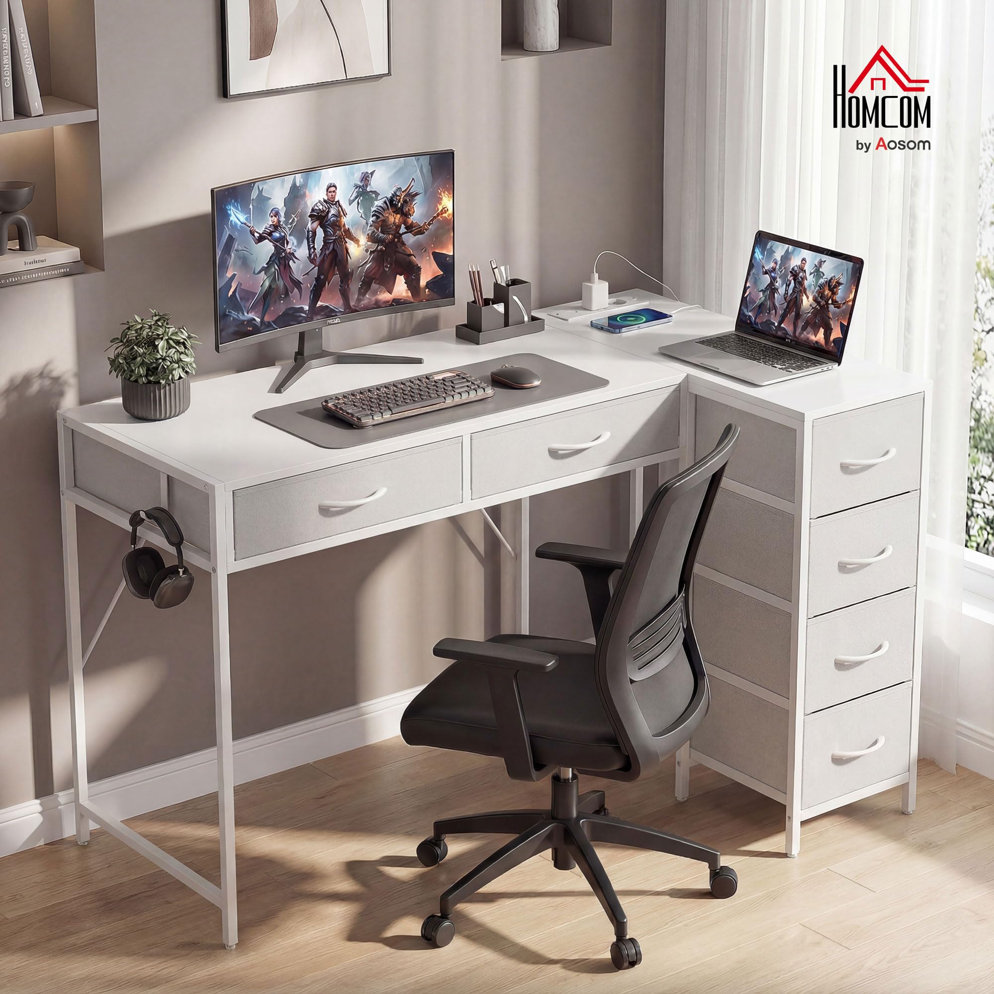 HOMCOM Scrivania Angolare Reversibile con Porte USB ad L 126x48 cm Bianco | Prese di Corrente, 6 Cassetti in Tessuto, Gancio Laterale, per Computer Ufficio Studio Casa