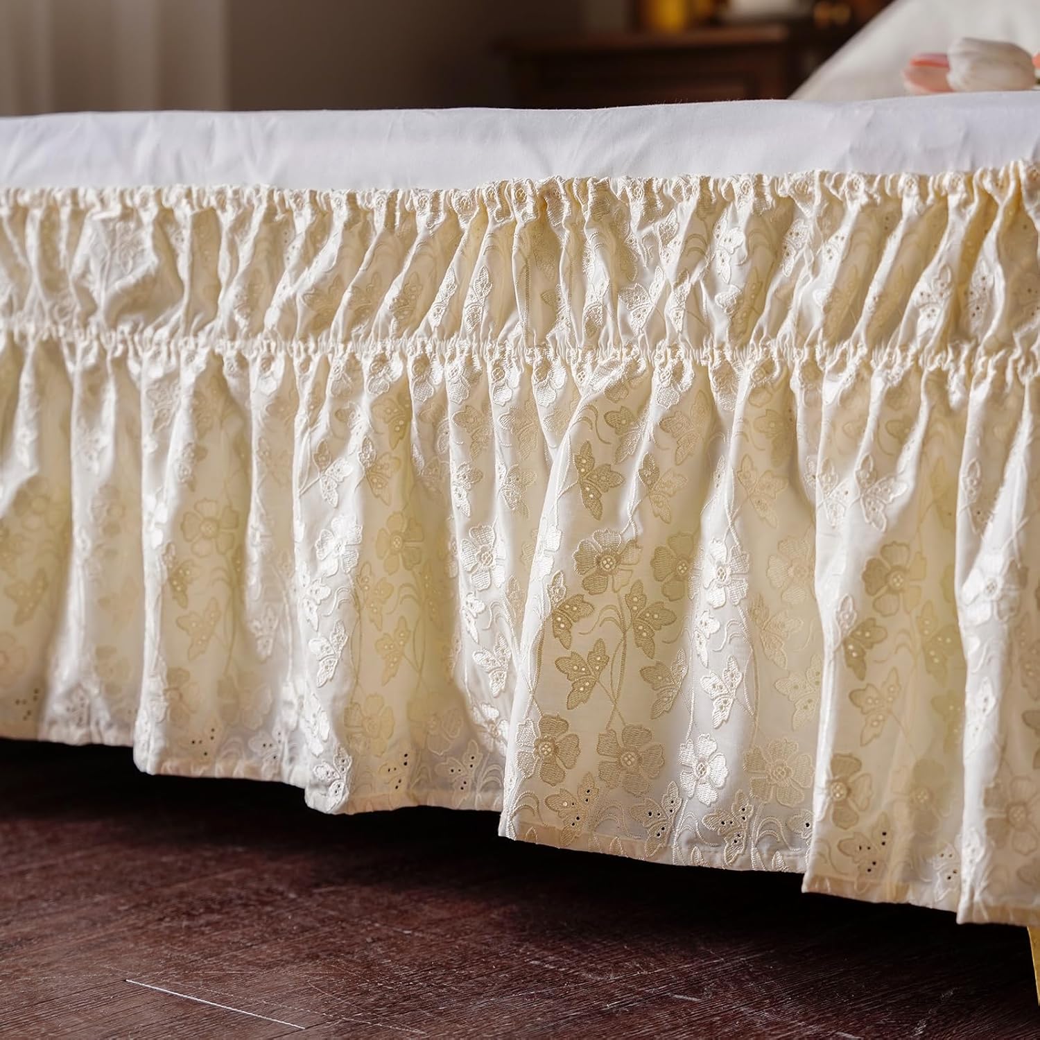 ARTABLE Lace Bed Skirts Wrap Around Ruffled Bed Scarf Elastic Dust with Adjustable Belts 15 Inch Drop Twin Queen King Size Lace Trimmed Bed Skirt (Beige, King (78 x 80'')-15 Inch Drop)