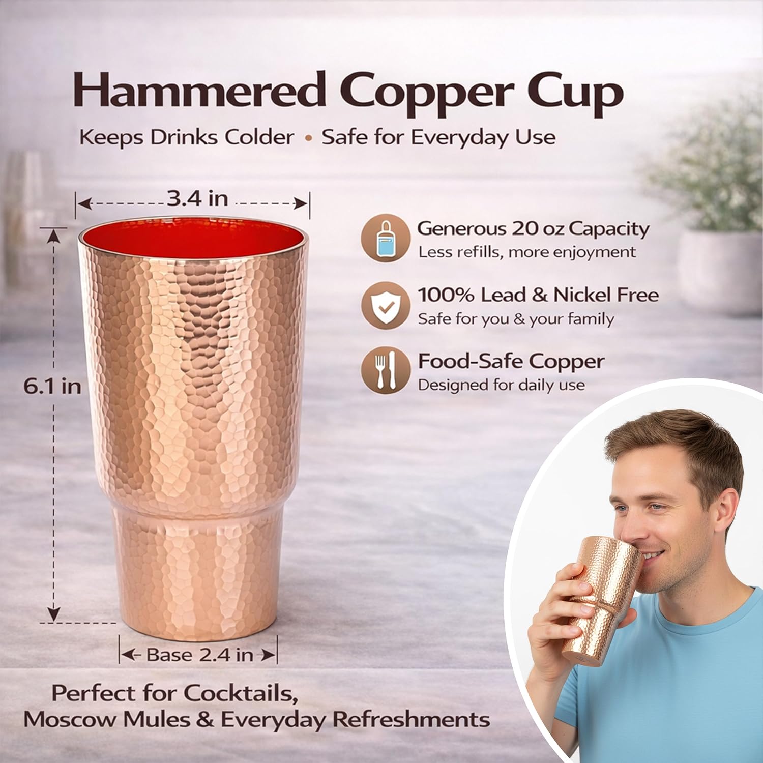 20 oz Pure Copper Cup for Drinking, Tall Hand-Hammered Ayurvedic Water Tumbler, Cold-Retentive Mug for Moscow Mule, Cocktails & Whiskey, Ideal for Bar, Home & Parties (1)