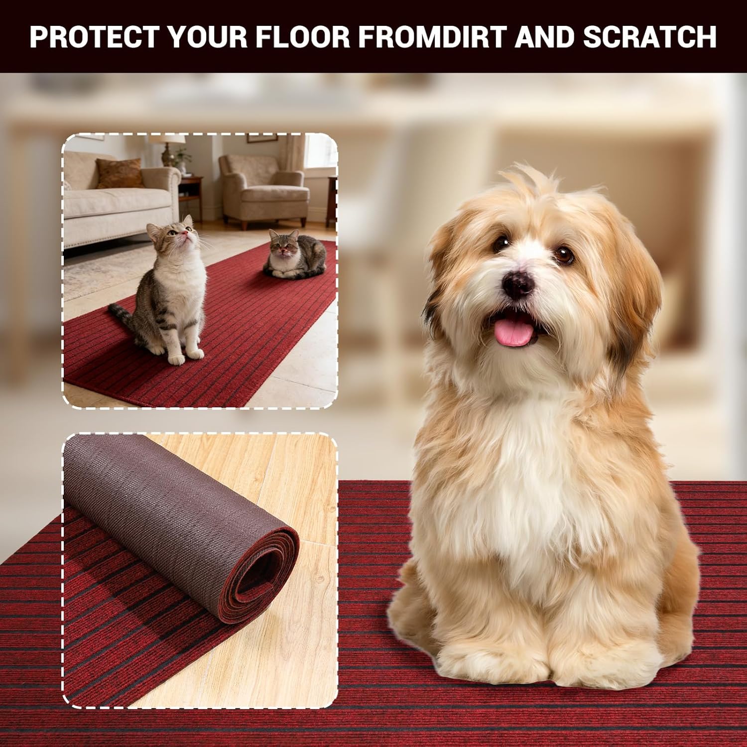 Stripe Runner Rug 3 x 10 ft Indoor Outdoor, Burgundy Non Slip Rubber Backing, Waterproof Low Profile Area Runner for Hallway, Entryway, Kitchen, Patio, Garage, Stairs & Laundry