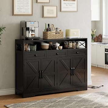 51" Large Buffet Cabinet with Storage, Coffee Bar with Charging Station, 3 Drawers & Doors, Kitchen Storage Cabinet, Modern Farmhouse Sideboard Buffet for Living Room, Dining Room Furniture Black
