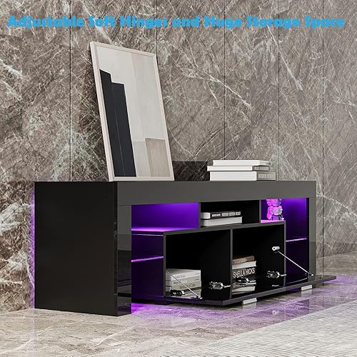 Miniatura 7 de Soporte de TV LED para televisores de hasta 75 pulgadas, moderna mesa consola multimedia con 2 cajones y estante abierto de vidrio, soportes de