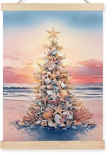 FDHSPAAM Arte de Pared de Árbol de Navidad de Playa, Decoración Navideña Costera, Pósteres de Arte de Pared para Vacaciones de Puesta de Sol Árbol
