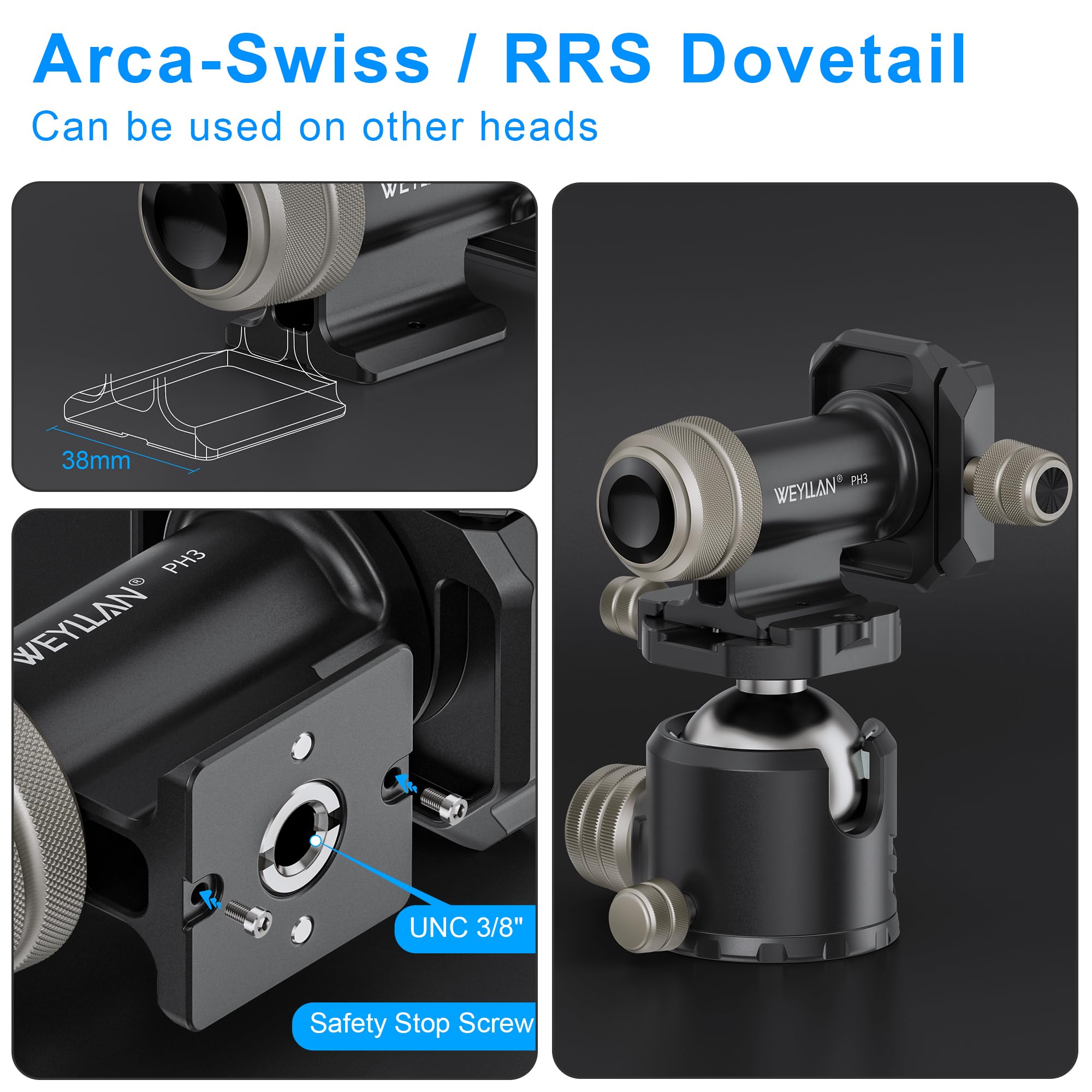 WEYLLAN PH3 Monopod Gimbal Cabeza, Cabeza de Gimbal Monopodo, CNC All Metal Side Inclinación Cabeza con Placa Arca Swiss Quick Release para Trípode, Lentes Largas para Telefoto, Carga Máxima 10 kg