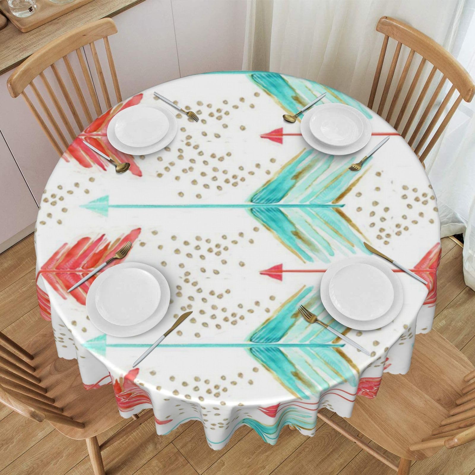 Nappe ronde chic 150 cm aux motifs flèches corail et bleu sarcelle