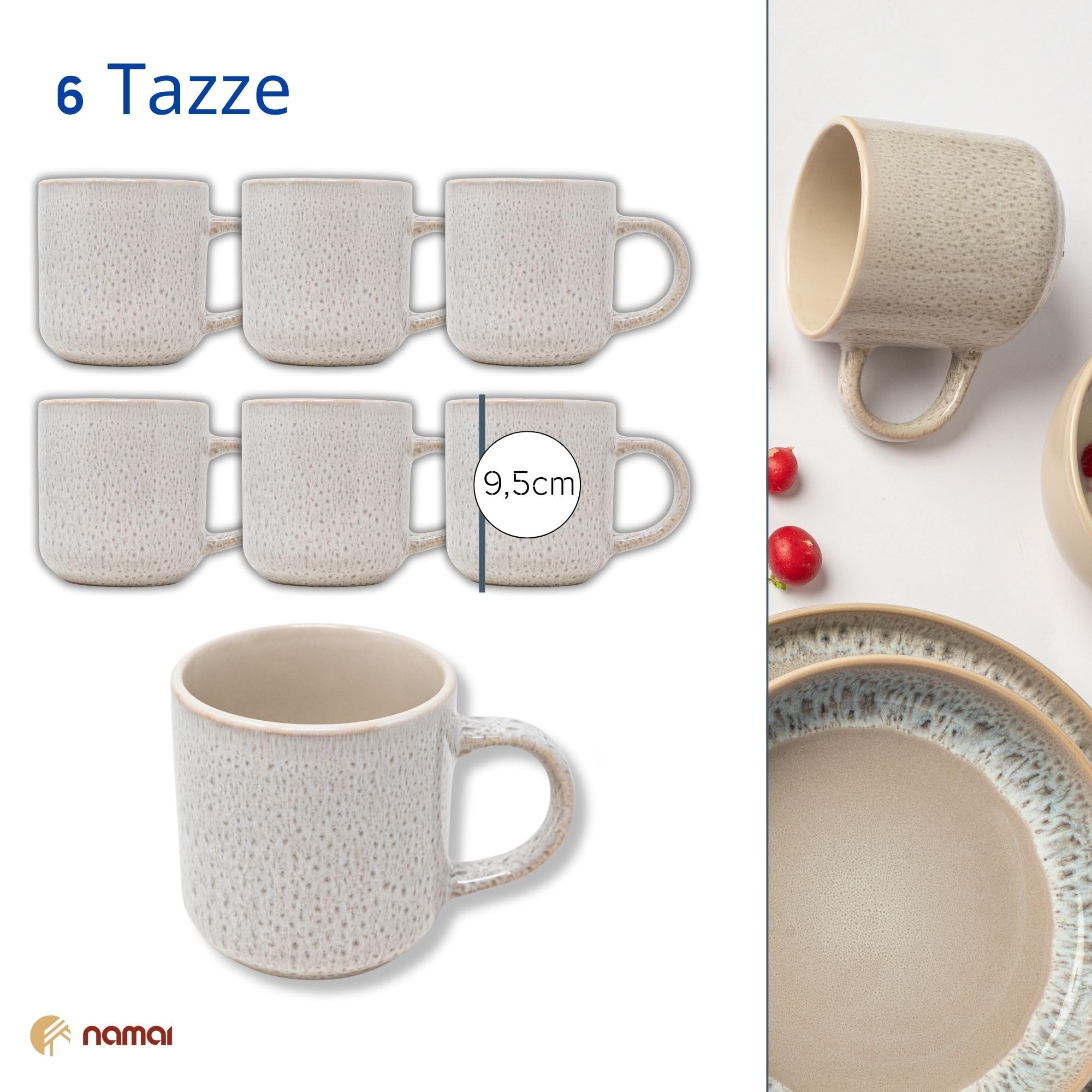 NAMAI - Set 6 Tazze Colazione - 350 ML - Porcellana - Adatte in Lavastoviglie e Microonde - Tazze Cappuccino (6 Mug)