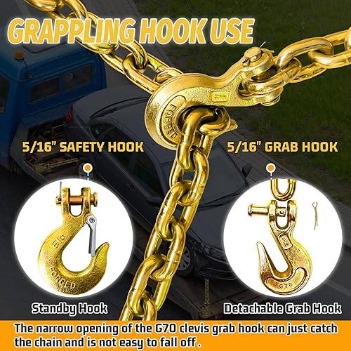 Miniatura 52 de Cadena de transporte de 3/8 pulgadas, cadena de remolque G80 con ganchos de seguridad y agarre G70 Carga de trabajo de 7100 libras Cadena