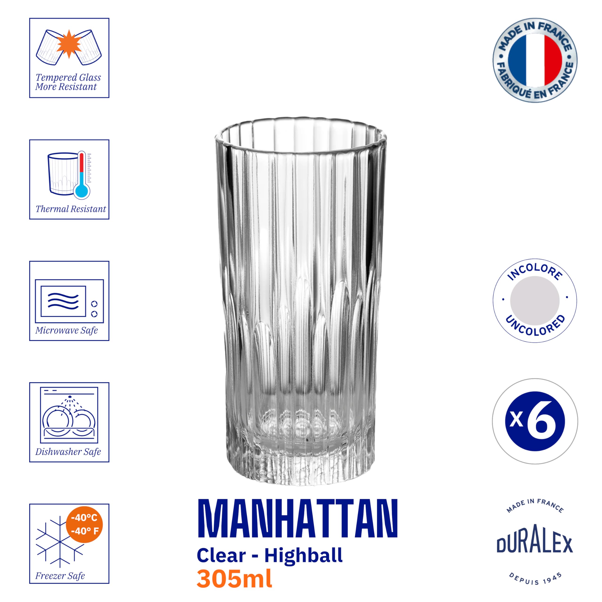 Duralex France Manhattan Drinking Glasses Set of 6-305ml Glass for Drinking Water Juice Cold & Hot Drinks Smoothies Shakes | 3X Stronger & Durable | Dishwasher & Microwave Safe | Scratch Resistant 4
