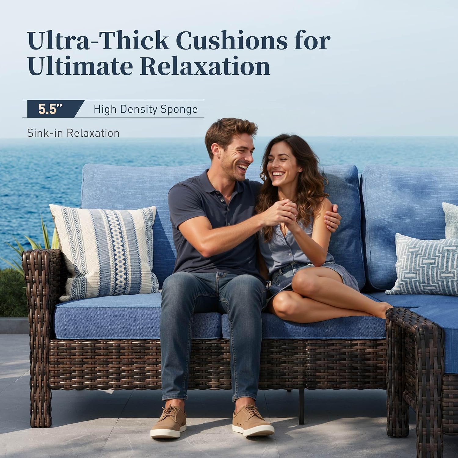 SUNSHINE VALLEY 6 Piece Patio Furniture Set with Swivel Chairs, High Back Wicker Rattan Sofa with Extra Thick Cushion, Coffee Table and Ottoman, Outdoor Conversation Set for Backyard Deck, Blue