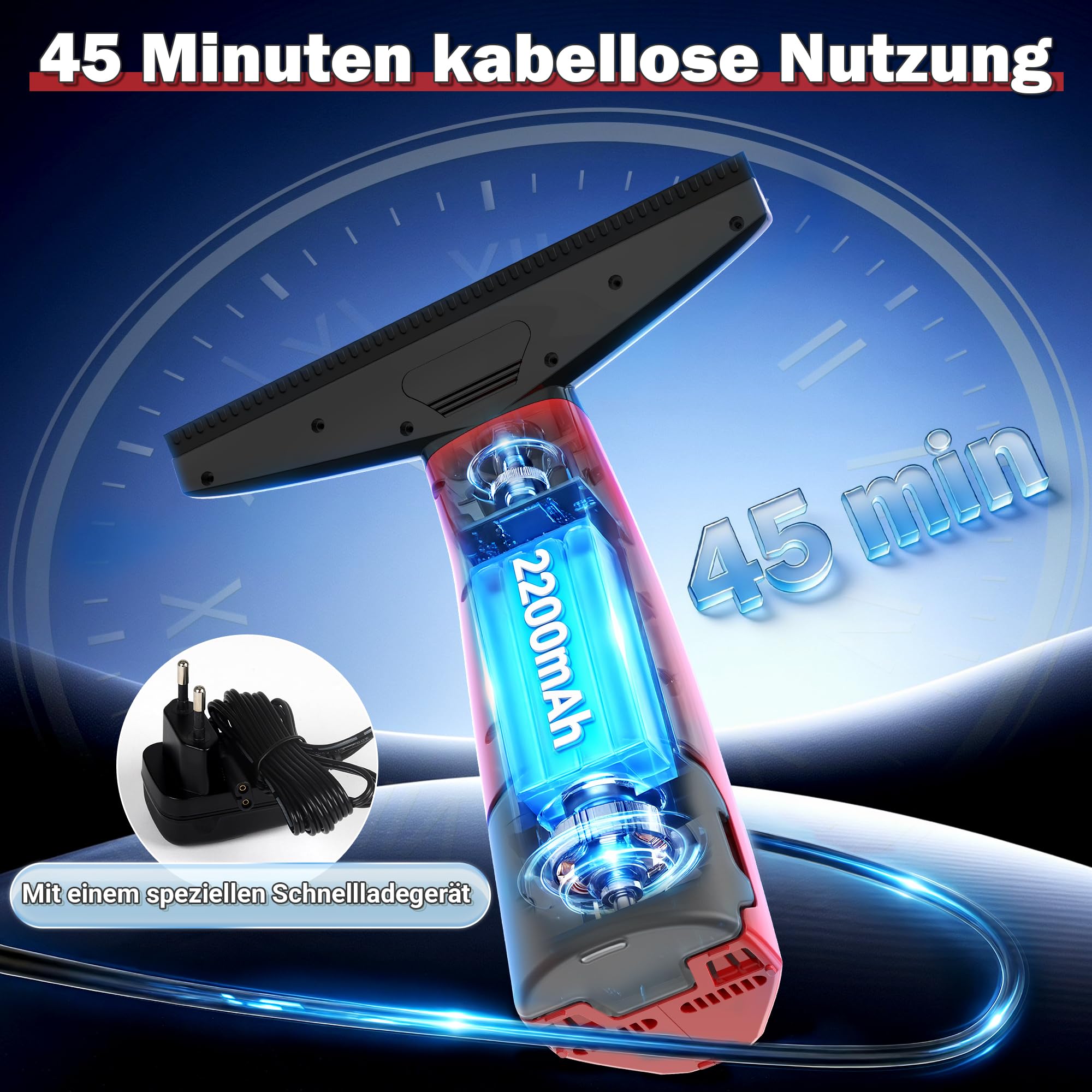 EAVE Limpiacristales Electrico, Set Limpiacristales con 45min de Autonomía, Limpia Cristales Electrico Ventanas con Boquilla de 28cm y Depósito de 200ml, Apto para Ventanas y Espejos (Rojo)