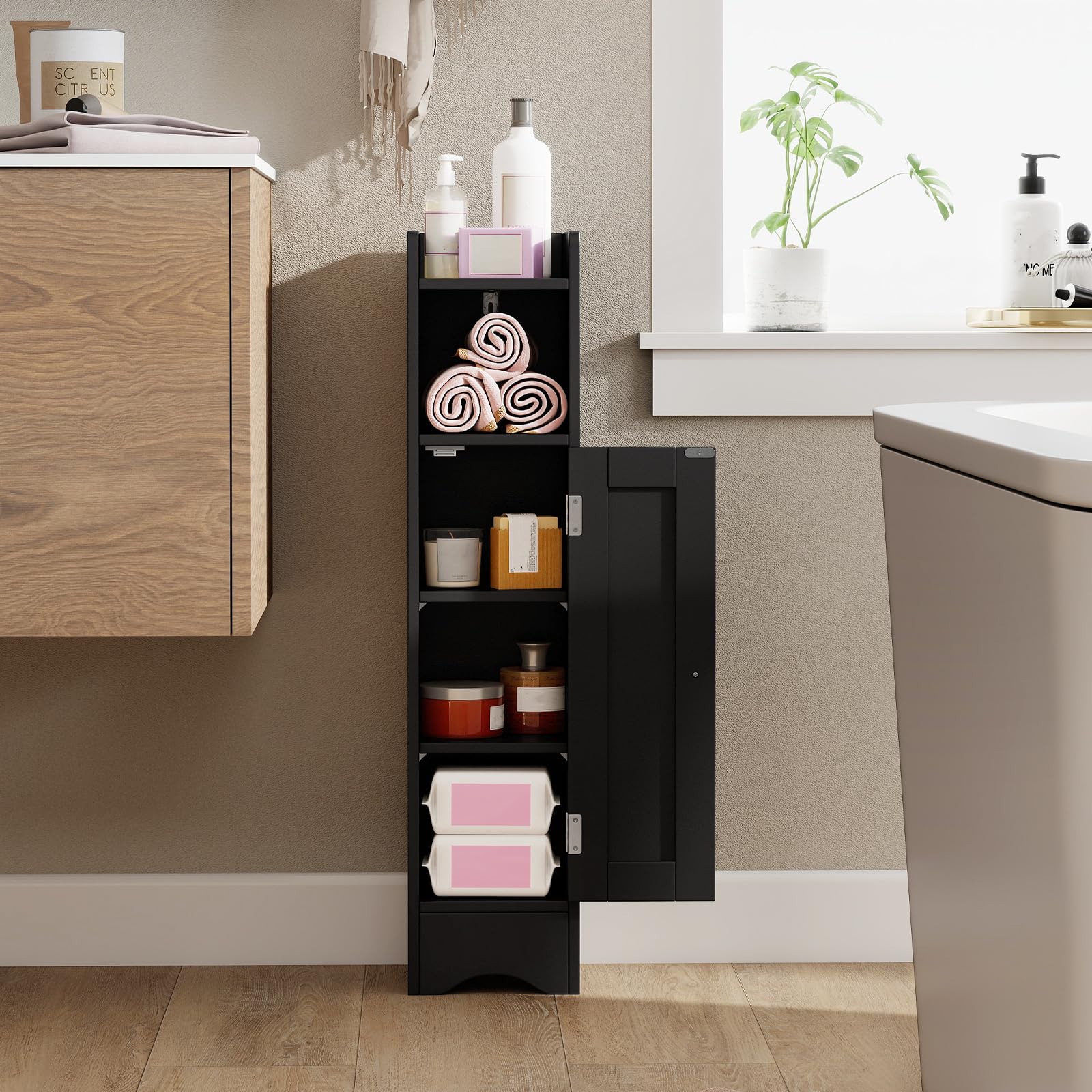 GOPLUS Kleiner Badezimmerschrank, Badschrank schmal mit verstellbaren Regalen und offenem Fach, Aufbewahrungsschrank, Toilettenpapier-Organizer für Flur und Wohnzimmer, 18 x 19,5 x 80 cm (Schwarz)