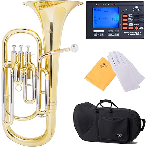 Mendini by Cecilio Euphonium, Lacquer Brass B Flat Euphonium with Tuner, 3 Stainless Steel Pistons, Mouthpiece, Hard Case, Polishing Cloth and Gloves (Gold)