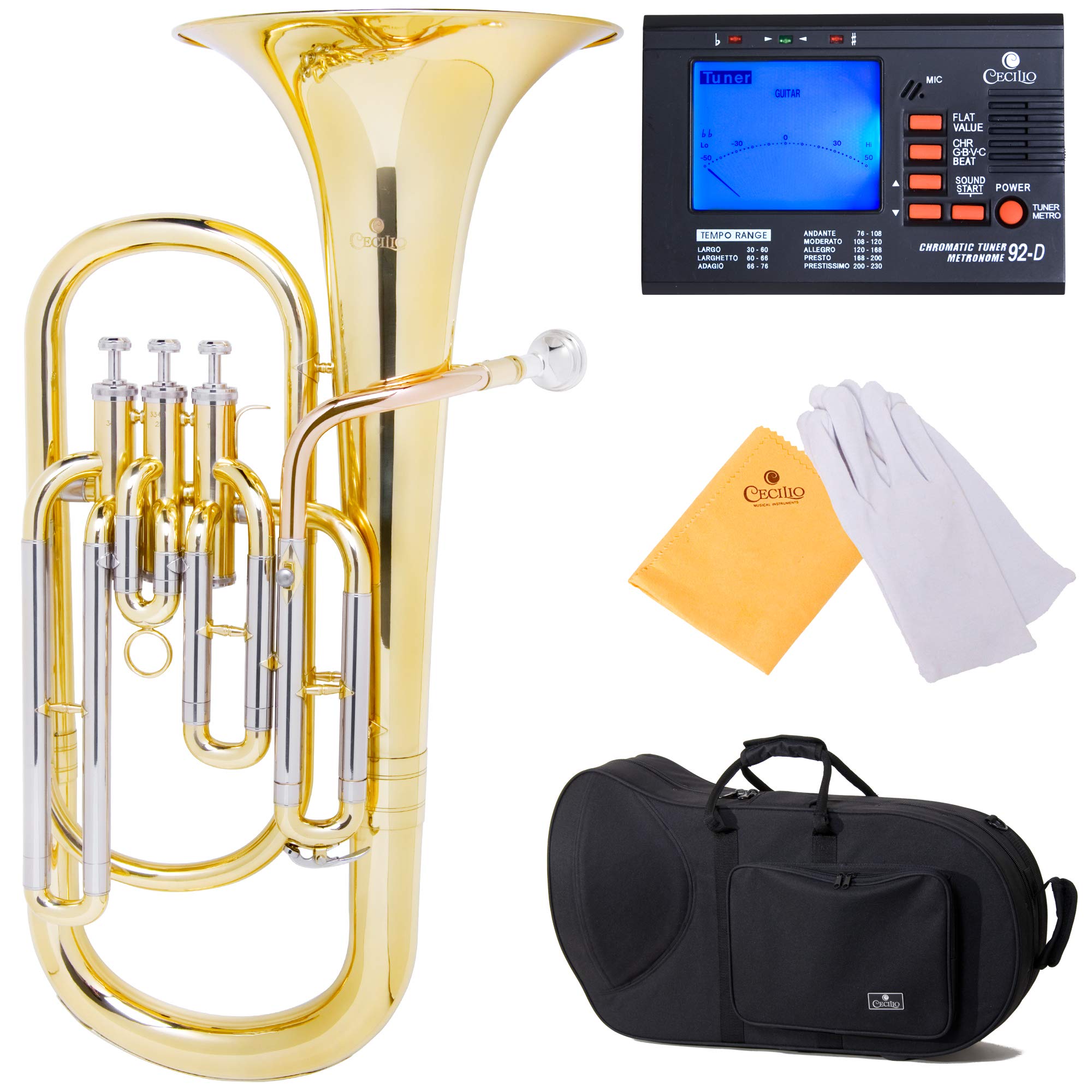 Mendini by Cecilio Euphonium, Lacquer Brass B Flat Euphonium with Tuner, 3 Stainless Steel Pistons, Mouthpiece, Hard Case, Polishing Cloth and Gloves (Gold)
