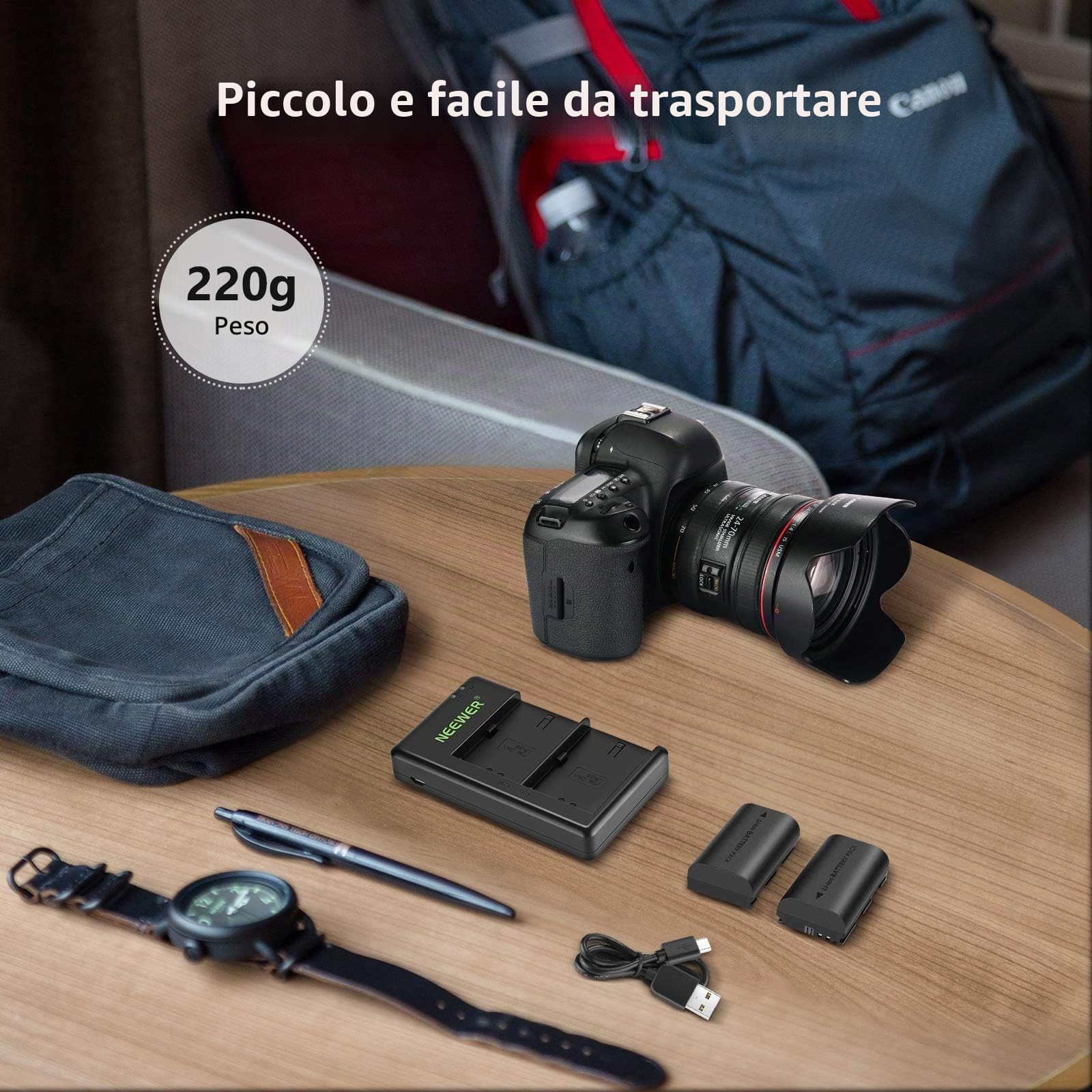 NEEWER Batteria di Ricambio LP-E6NH Caricabatterie Ricaricabile Compatibile con Canon EOS R7, R5, R6, 5D II, 6D, 7D, 70D, 80D, 90D, 2-Pack Batterie da 2250mAh e Caricatore USB a Doppio Canale