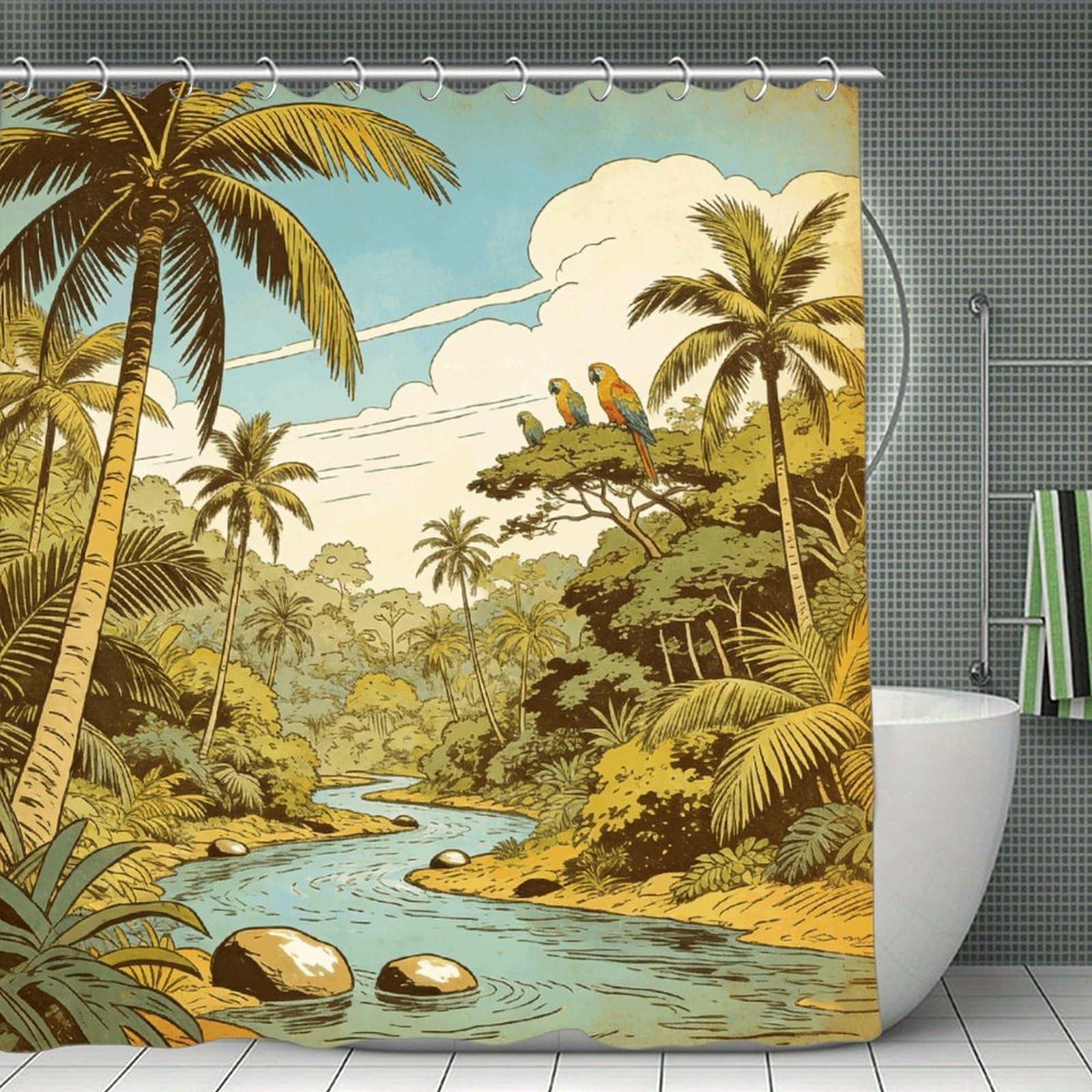 VstaDank Tropical Jungle Shower Curtain Light-Weight Blackout Bathroom Curtain Washable Shower Liner 71x71 Inch Bath Curtain with Metal Holes Bathtub Bath Room