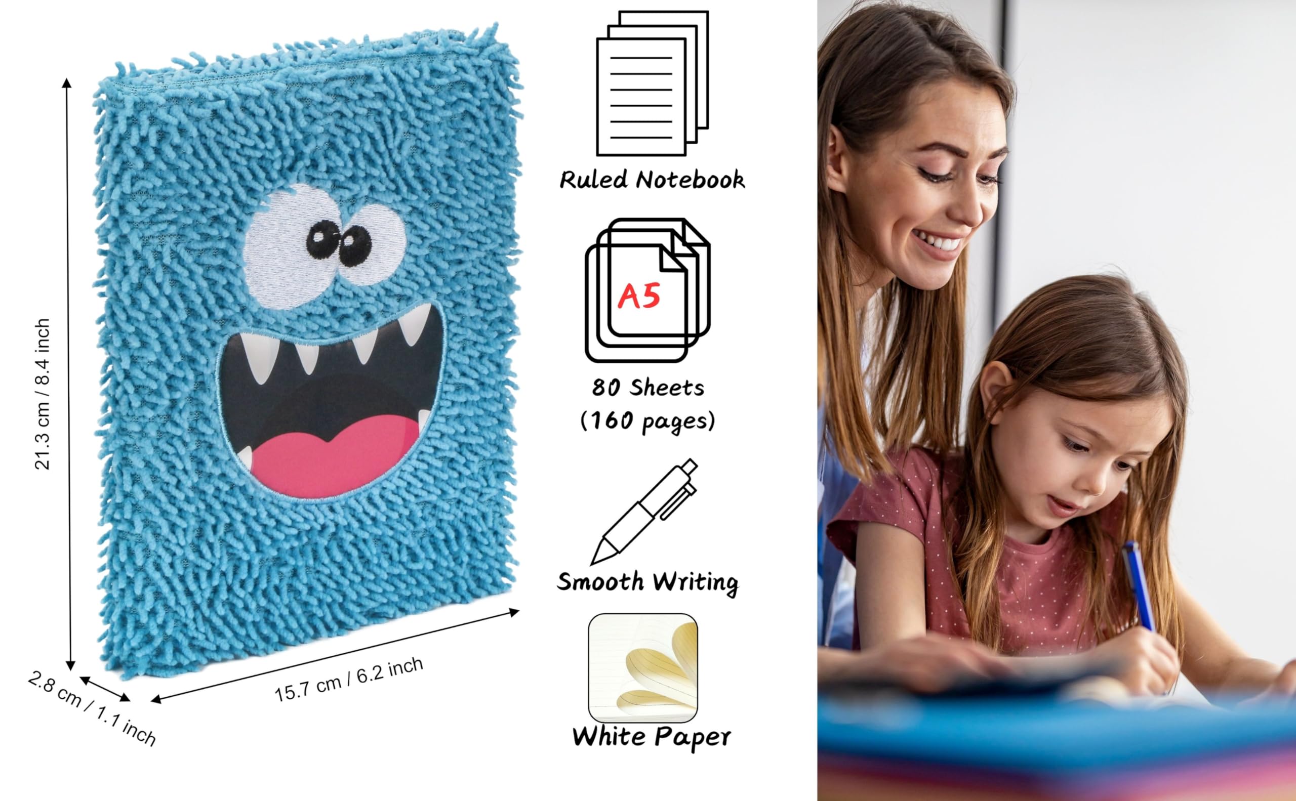 EXERZ A5 Notebook “Funky Monster”, Children Journal Diary, Notepad for Kids Fluffy and soft, Cute and Functional - Image 2