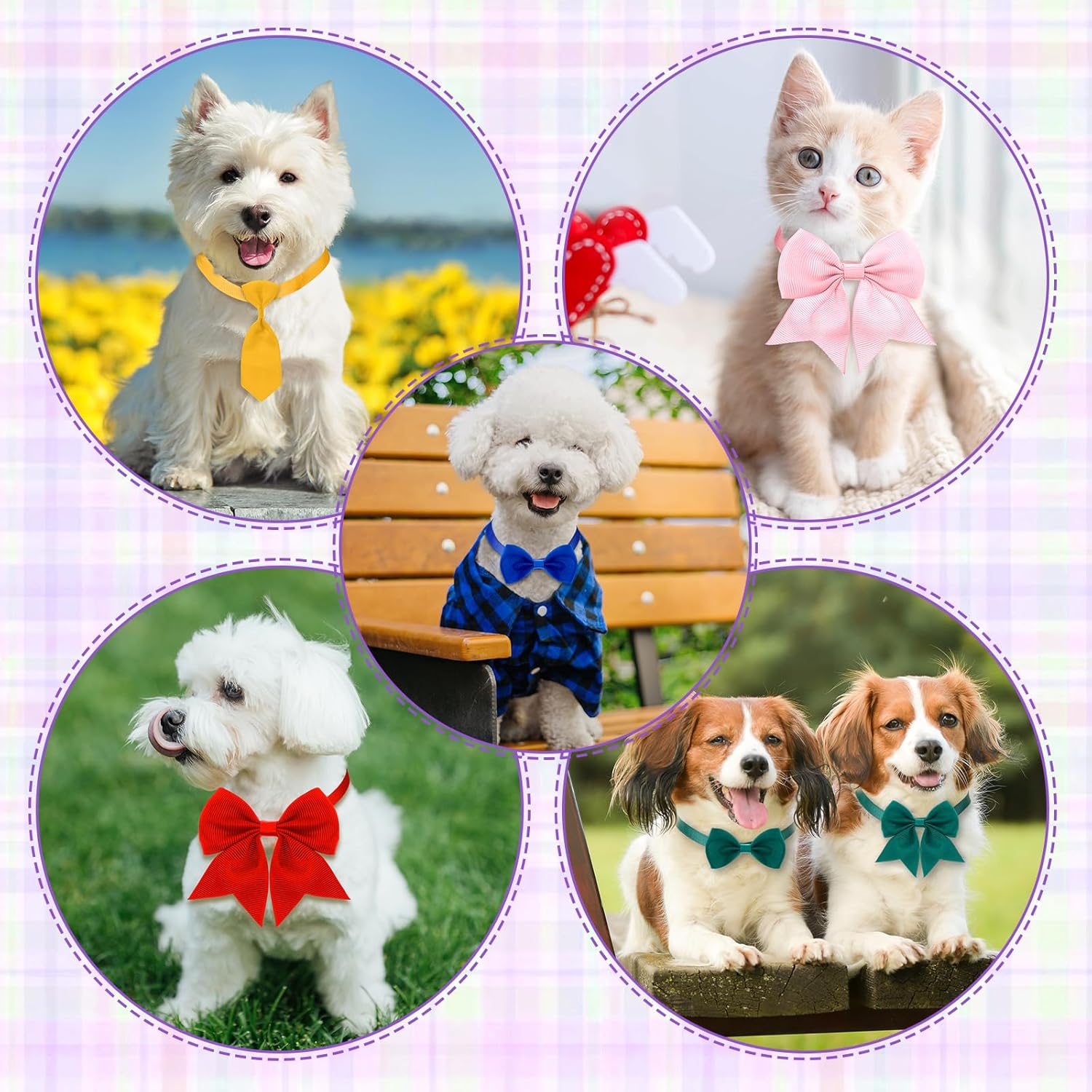 Reginary 100 Pieces Dog Bow Tie Collar Set Include 40 Dog Neckties, and 30 Puppy Bowties, 30 Collar Flowers, Adjustable Pet Ties Grooming for Small Medium Cats Pets Supply(Solid Color)