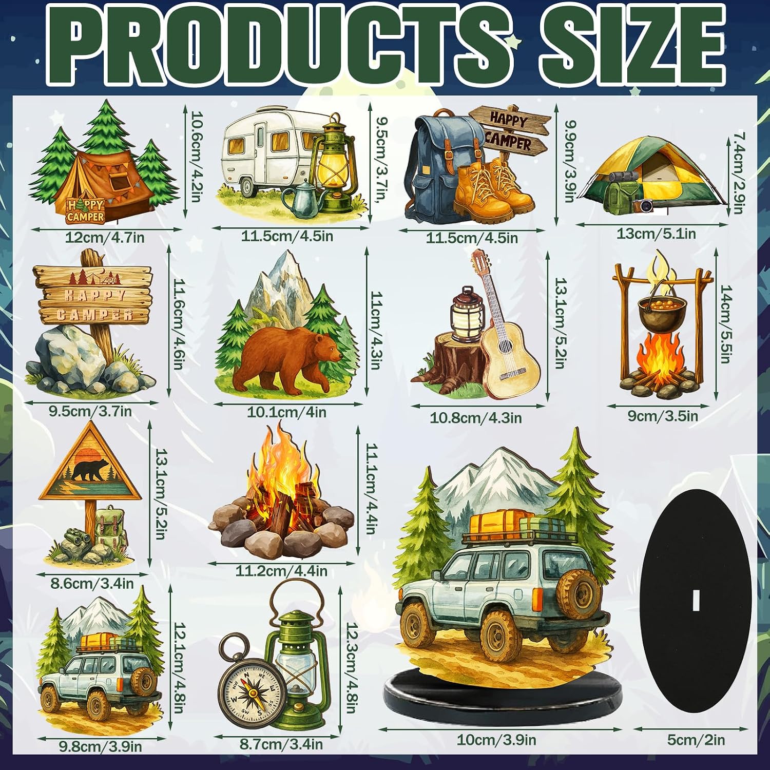 Wesiti 12 Pcs Camping Party Table Decorations Wooden Camper Centerpieces Camping Adventure Sign with Bases Table Topper Decor for Adults Tiered Tray Decor Party Favor