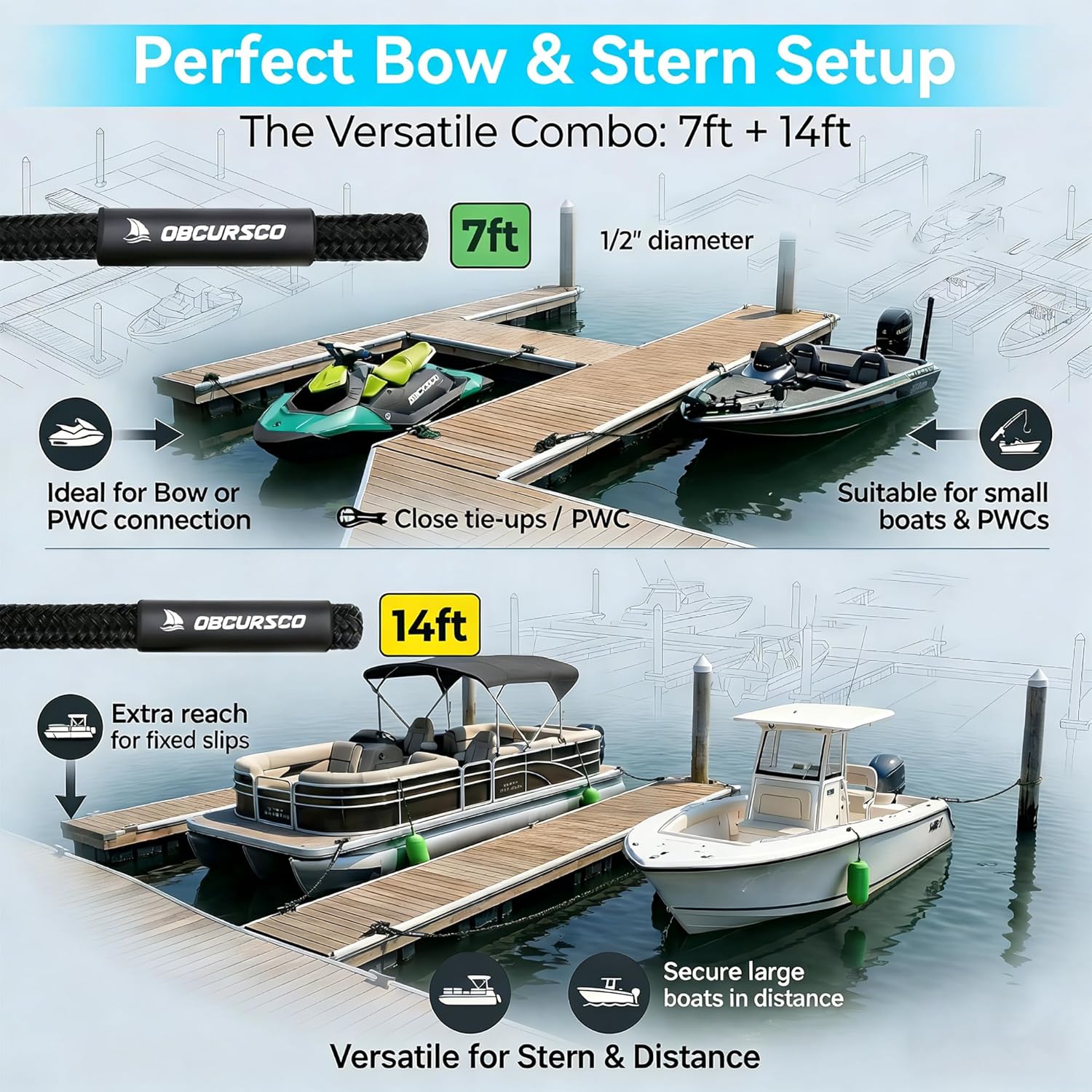 Obcursco PWC Boat Dock Lines 1/2”x (7ft & 14ft), Jet Ski Mooring Dock Line Tie Pontoon Accessories for Waverunner, Kayak Tow Lines with 316 Stainless Steel Clip (Black)